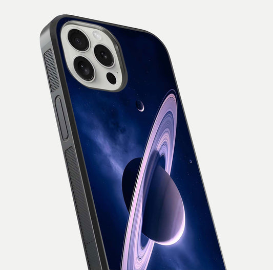 Saturn Ring Mystique Glass Case for iPhone 16 Pro close-up angled shot highlighting ring detail and HD reflection