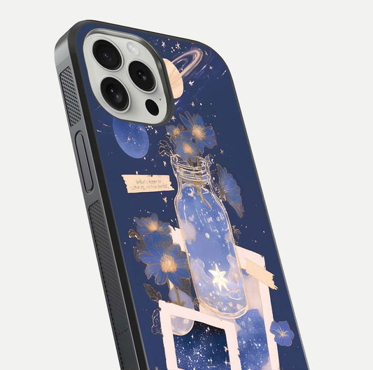 Starlit Cosmic Jar Glass Case for iPhone 16 Pro close-up angled shot highlighting stars, reflections, and HD shine