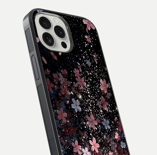 Starlit Flower Dreams Glass Case for iPhone 16 Pro close-up angled shot highlighting petal reflection and HD depth