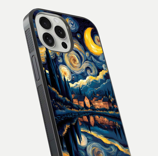 Starry Sky Serenity Glass Case for iPhone 16 Pro close-up angled shot highlighting light reflection and blue hues