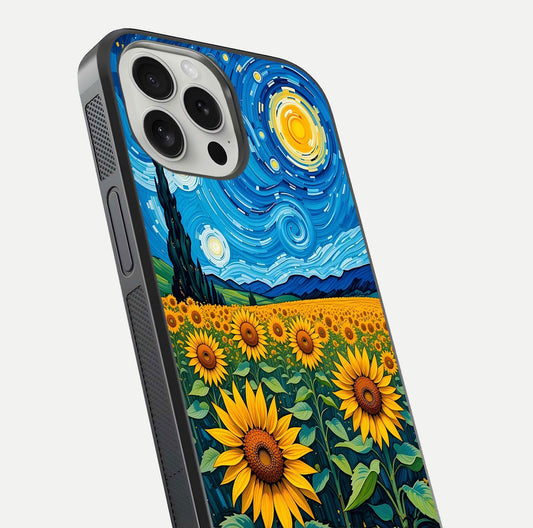 Starry Sunflower Dreams Glass Case for iPhone 16 Pro close-up angled shot highlighting petal texture and gloss
