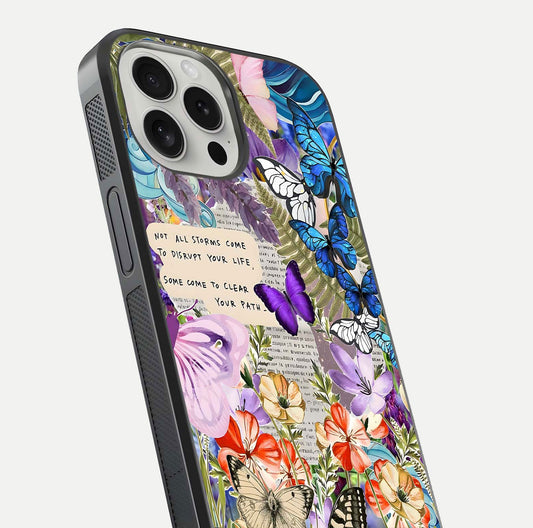 Storm Path Bloom Glass Case for iPhone 16 Pro close-up angled shot highlighting bloom texture and reflection