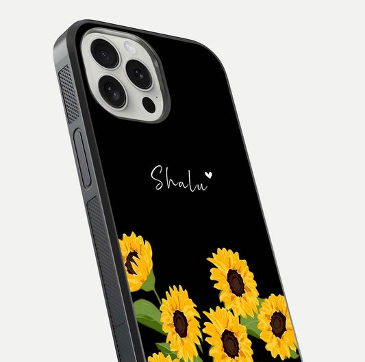 Sunflower Chic Mood Custom Name Glass Case for iPhone 16 Pro close-up angled shot showing HD sunflower pattern