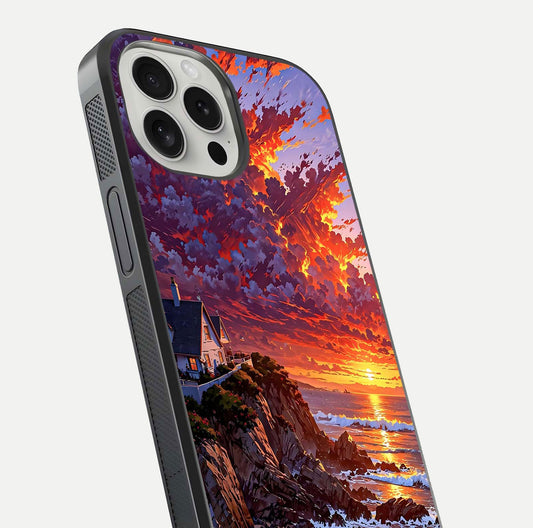 Sunset House by Sea Glass Case for iPhone 16 Pro close-up angled shot highlighting sunset tones and water glow