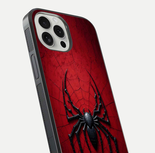 Venom Web Emblem Glass Case for iPhone 16 Pro close-up angled shot highlighting sharp logo lines and reflection