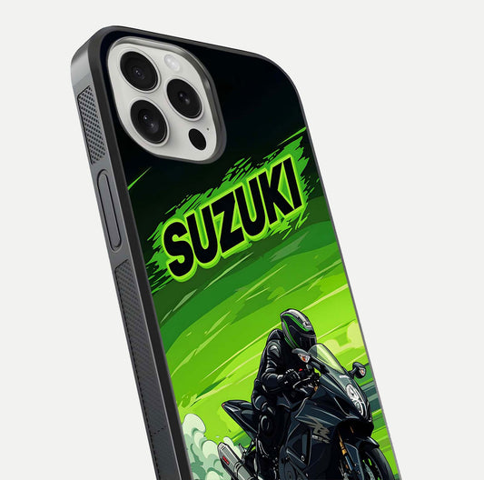 Suzuki Speed Beast Glass Case for iPhone 16 Pro close-up angled shot highlighting bold tones and reflection