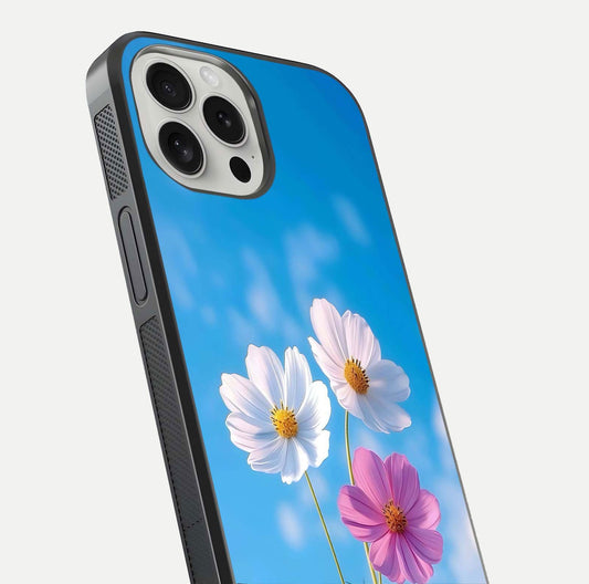 Triple Flowers With Sky Glass Case for iPhone 16 Pro close-up angled shot highlighting petal and reflection details