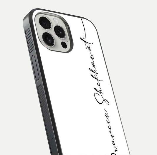 White Tune Custom Name Glass Case for iPhone 16 Pro close-up angled shot highlighting gloss reflection and texture