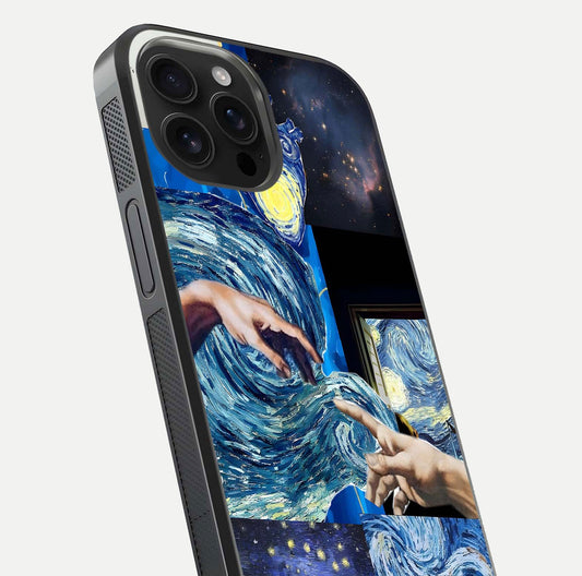 Aesthetic Vando Hands Glass Case for iPhone 16 Pro Max close-up angle showing fine detailing of hand artwork and glass reflection