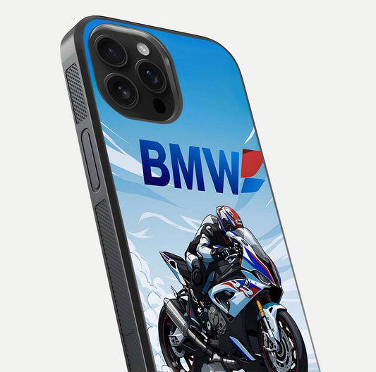 BMW Power Drift Glass Case for iPhone 16 Pro Max close-up view highlighting motion streaks and gloss shine
