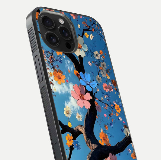 Blossom Dream Sky Glass Case for iPhone 16 Pro Max close-up shot highlighting dreamlike clouds and pink blossoms