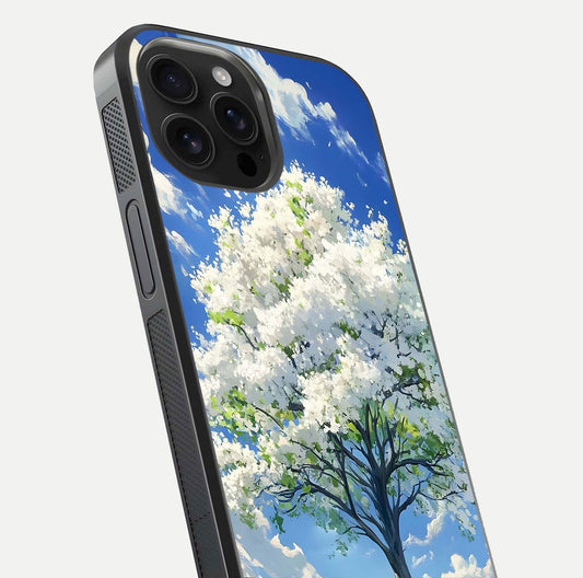 Blossom Sky Serenity Glass Case for iPhone 16 Pro Max close-up highlighting calming flower details and reflection gloss