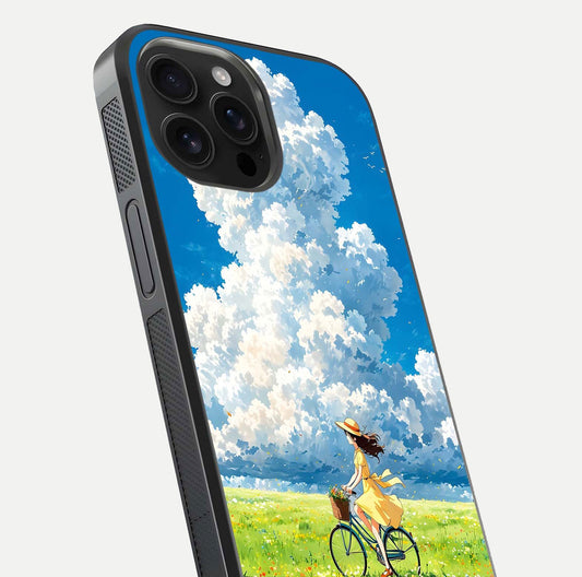 Breezy Meadow Ride Glass Case for iPhone 16 Pro Max close-up shot showing flowers and breezy motion texture