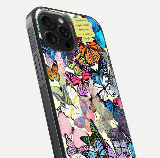 Butterflies Petal Dream Glass Case for iPhone 16 Pro Max close-up highlighting butterfly wings and pink petal gloss