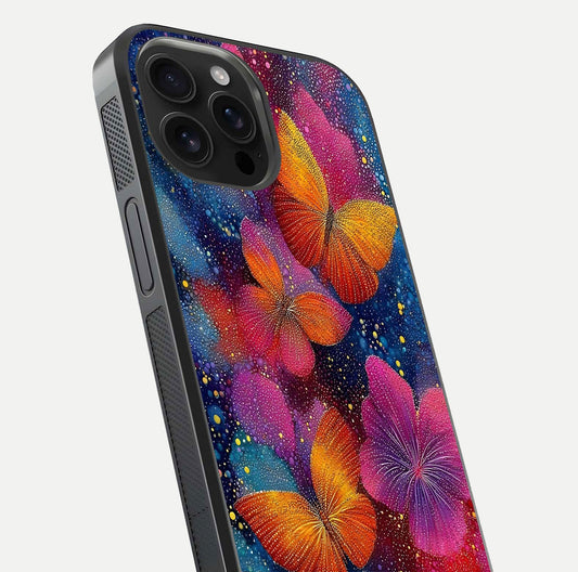 Butterfly Dream Mist Glass Case for iPhone 16 Pro Max close-up capturing wing pattern detail and glossy finish texture