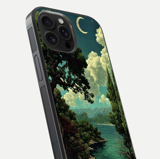 Celestial Lake Peace Glass Case for iPhone 16 Pro Max close-up highlighting moon reflection and glossy texture
