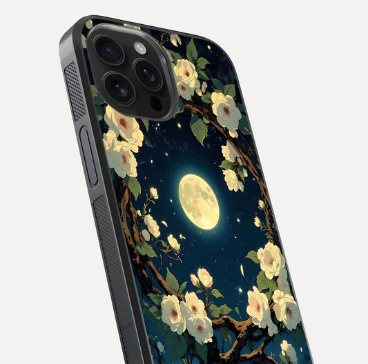 Celestial Moon & Flower Glass Case for iPhone 16 Pro Max close-up capturing petal reflection and moonlight contrast