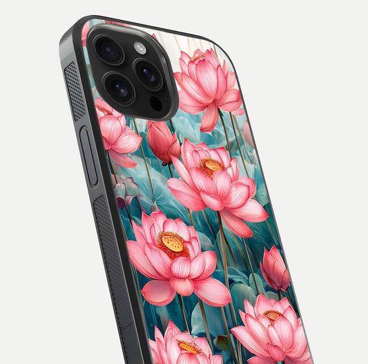 Celestial Pink Lotus Glass Case for iPhone 16 Pro Max close-up highlighting petal detail and HD glass reflection