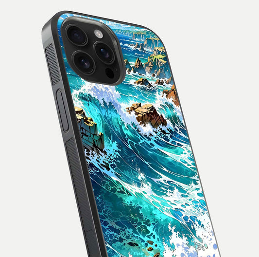 Coastal Blue Waves Glass Case for iPhone 16 Pro Max close-up highlighting wave texture and blue shine