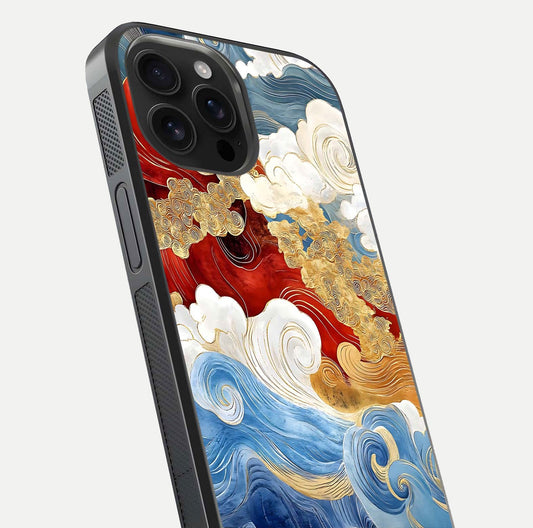 Colored Waves Glass Case for iPhone 16 Pro Max close-up angled shot highlighting gradient flow and light reflection