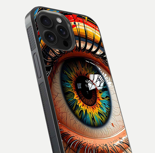 Colorful Eye Glass Case for iPhone 16 Pro Max close-up highlighting eye pattern detail and reflection shine