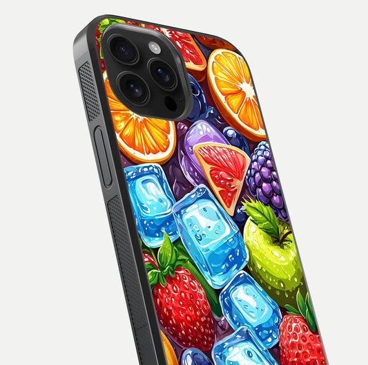 Colorful Fruits with Ice Glass Case for iPhone 16 Pro Max close-up highlighting fruit color and reflection glow