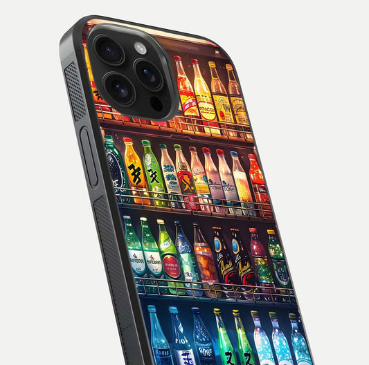 Colorful Soda Bottles Glass Case for iPhone 16 Pro Max close-up showing colorful bottles and HD reflection
