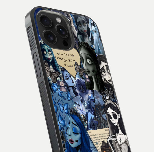 Corpse Bride Posters Glass Case for iPhone 16 Pro Max close-up highlighting detailed artwork and reflection polish