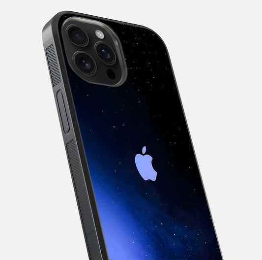 Cosmic Blue Apple Glass Case for iPhone 16 Pro Max close-up highlighting galaxy pattern, shine, and reflection detail