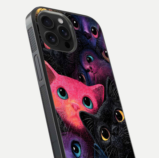 Cosmic Cats Dreams Glass Case for iPhone 16 Pro Max close-up highlighting cats and cosmic glow reflection
