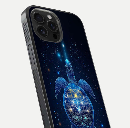 Crimson Blue Turtle Glass Case for iPhone 16 Pro Max close-up highlighting turtle shell detail and shine reflection