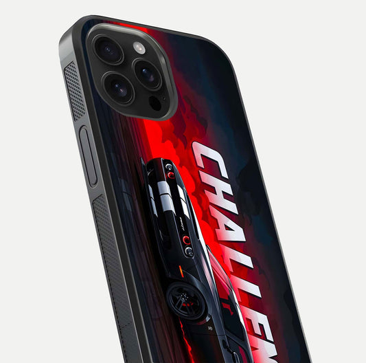 Crimson Challenger Fury Glass Case for iPhone 16 Pro Max close-up highlighting car details and reflection depth