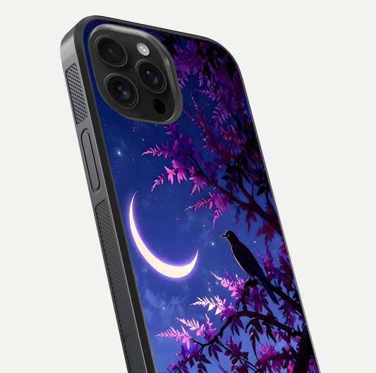 Crow & Moon Scenery Glass Case for iPhone 16 Pro Max close-up highlighting moon detail, dark tones, and glass reflection
