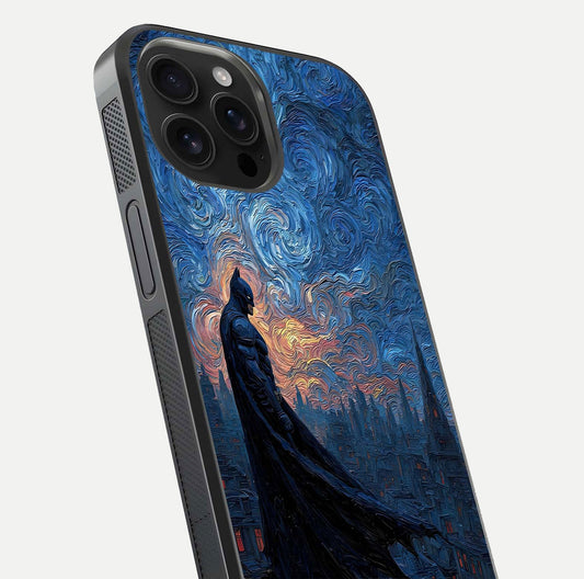 Dark Knight Dusk Glass Case for iPhone 16 Pro Max close-up highlighting dark suit texture and reflection detail