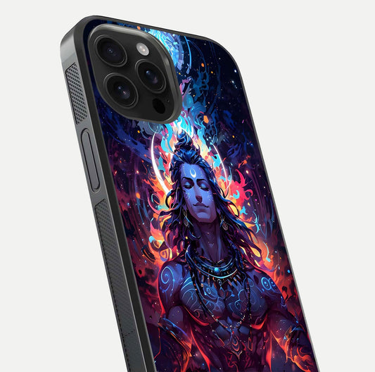 Divine Fire Shiv Glass Case for iPhone 16 Pro Max close-up highlighting divine detailing and reflection depth