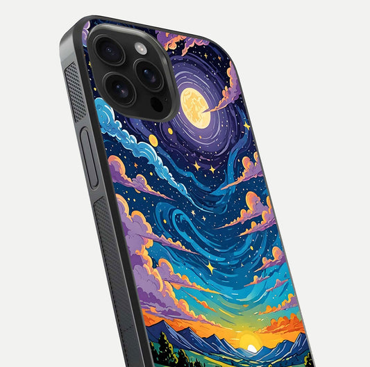 Dreamy Night Landscape Glass Case for iPhone 16 Pro Max close-up highlighting stars and reflection tone