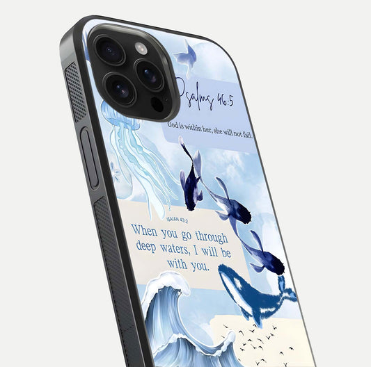 Faithful Ocean Promise Glass Case for iPhone 16 Pro Max close-up highlighting water reflection and serene blue tones