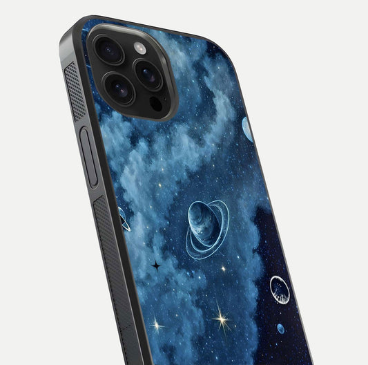 Galaxy Dream Space Glass Case for iPhone 16 Pro Max close-up angled shot highlighting nebula details and reflection shine