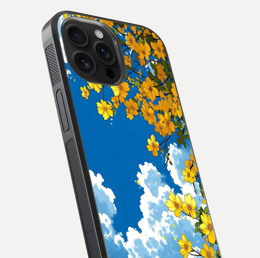 Golden Petal Sky Glass Case for iPhone 16 Pro Max close-up angled shot showing petal texture and shine reflection