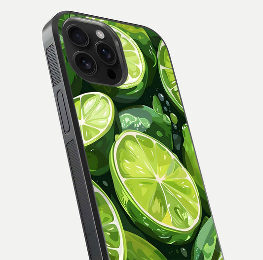 Green Lemon Glass Case for iPhone 16 Pro Max close-up angled shot showing lemon slice texture and reflection brightness