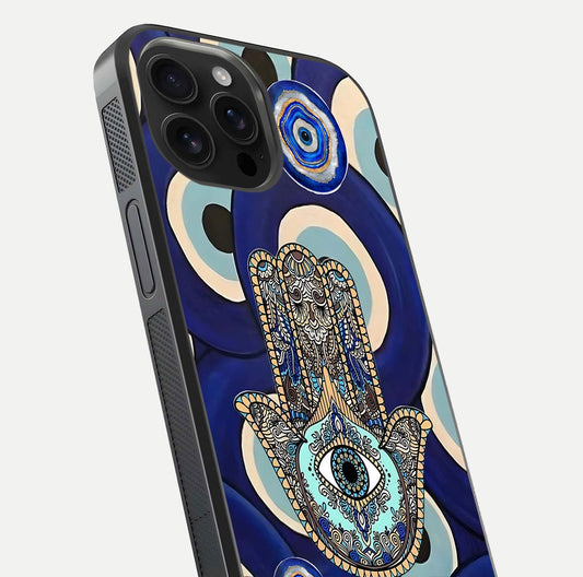 Hamsa Divine Guard Glass Case for iPhone 16 Pro Max close-up angled shot showing detailed palm motif and reflection glow