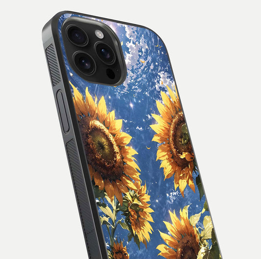 Heavenly Sunflower Rise Glass Case for iPhone 16 Pro Max close-up angled shot showing sunflower texture and reflection polish