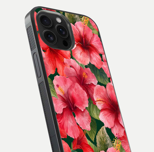 Hibiscus Pattern Glass Case for iPhone 16 Pro Max close-up angled shot showing flower details and gloss reflection