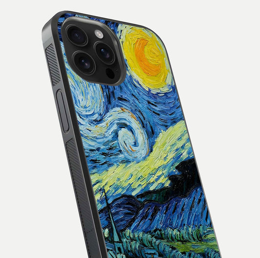 Inspired Van Gogh Art Glass Case for iPhone 16 Pro Max close-up angled shot showing brushstroke texture and shine detail