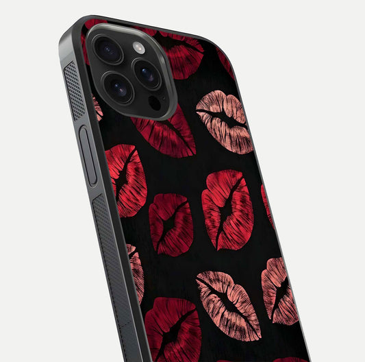 Midnight Kiss Love Glass Case for iPhone 16 Pro Max close-up angle highlighting red accents and reflection shine