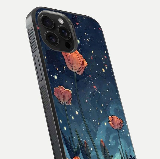 Midnight Tulip Glow Glass Case for iPhone 16 Pro Max close-up angled shot showing petal details and reflection glow