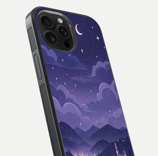 Minimal Night View Glass Case for iPhone 16 Pro Max close-up angled shot showing lights reflection and dark tone details