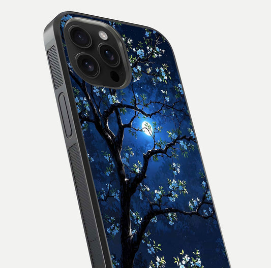 Mystic Floral Night Glass Case for iPhone 16 Pro Max close-up angled shot highlighting petal detail and HD reflection