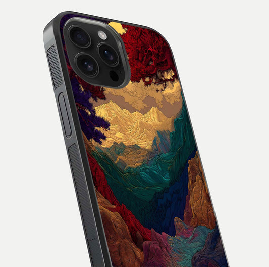Mystic Valley Light Glass Case for iPhone 16 Pro Max close-up angled shot highlighting gradient sky and reflection