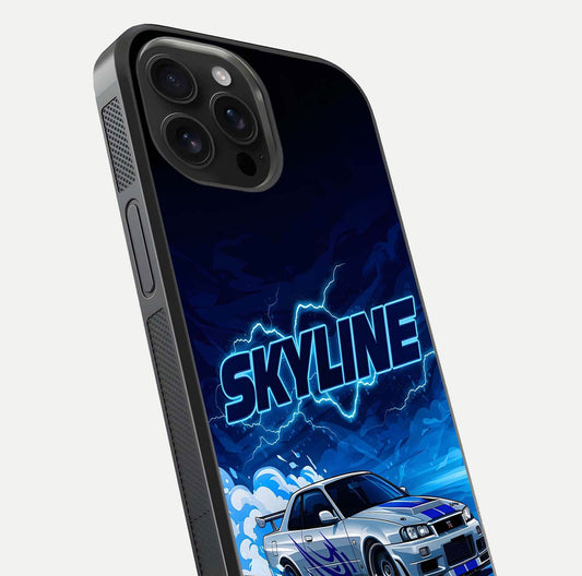Neon Drift Beast Glass Case for iPhone 16 Pro Max close-up angled shot highlighting glowing streaks and vivid reflection